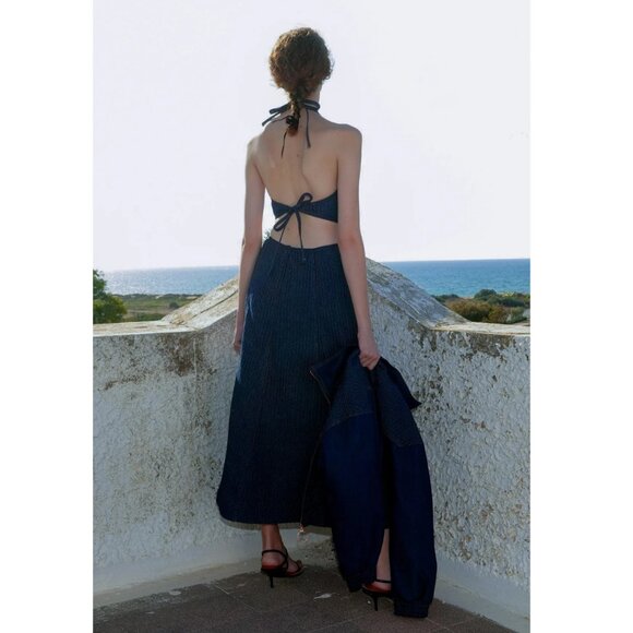 Sabina Musayev Eti Midi Maxi Dress Cut Out Halter Denim Summer Sundress Tie Back - Picture 12 of 15